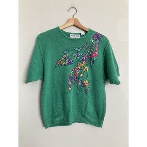 Vtg Andrea Gayle Ramie Knit Appliqué Short Sleeve Sweater MEDIUM Kelly Green